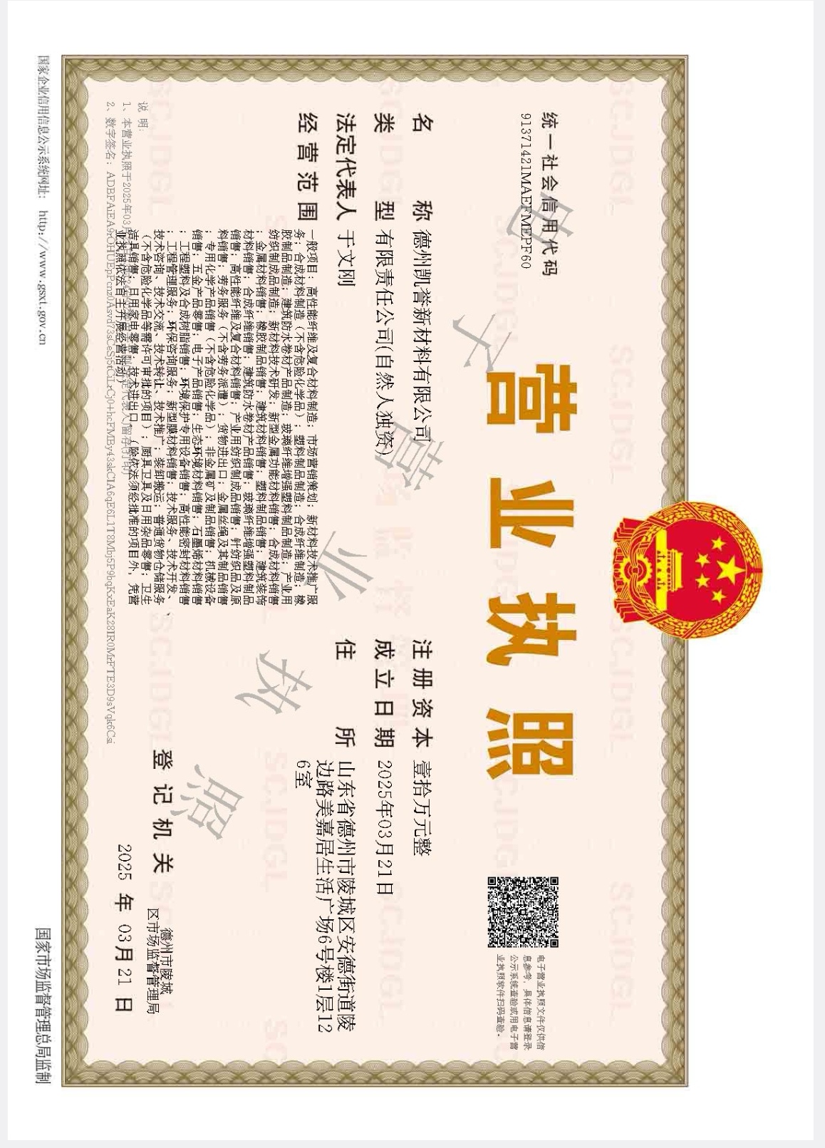 德州凯誉新材料有限公司 营业执照正本