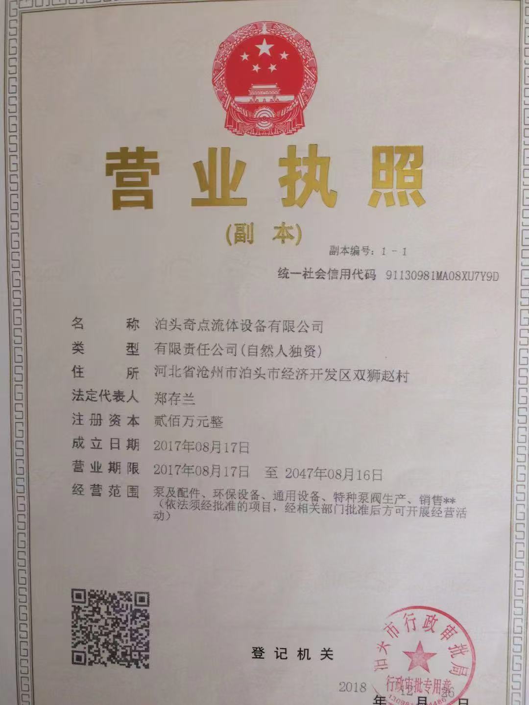 泊头奇点流体设备有限公司 营业执照正本